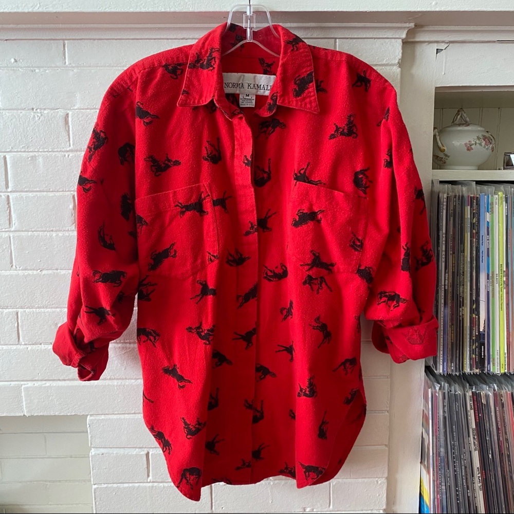 Vintage Norma Kamali Red Flannel Horse Print